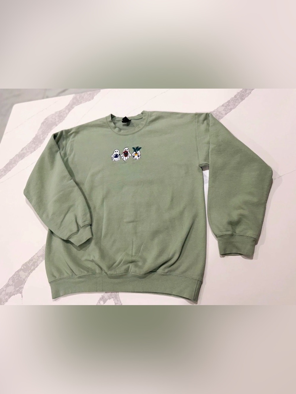 Gildan Sage Green Crewneck Sweatshirt with Embroidered Ghosts